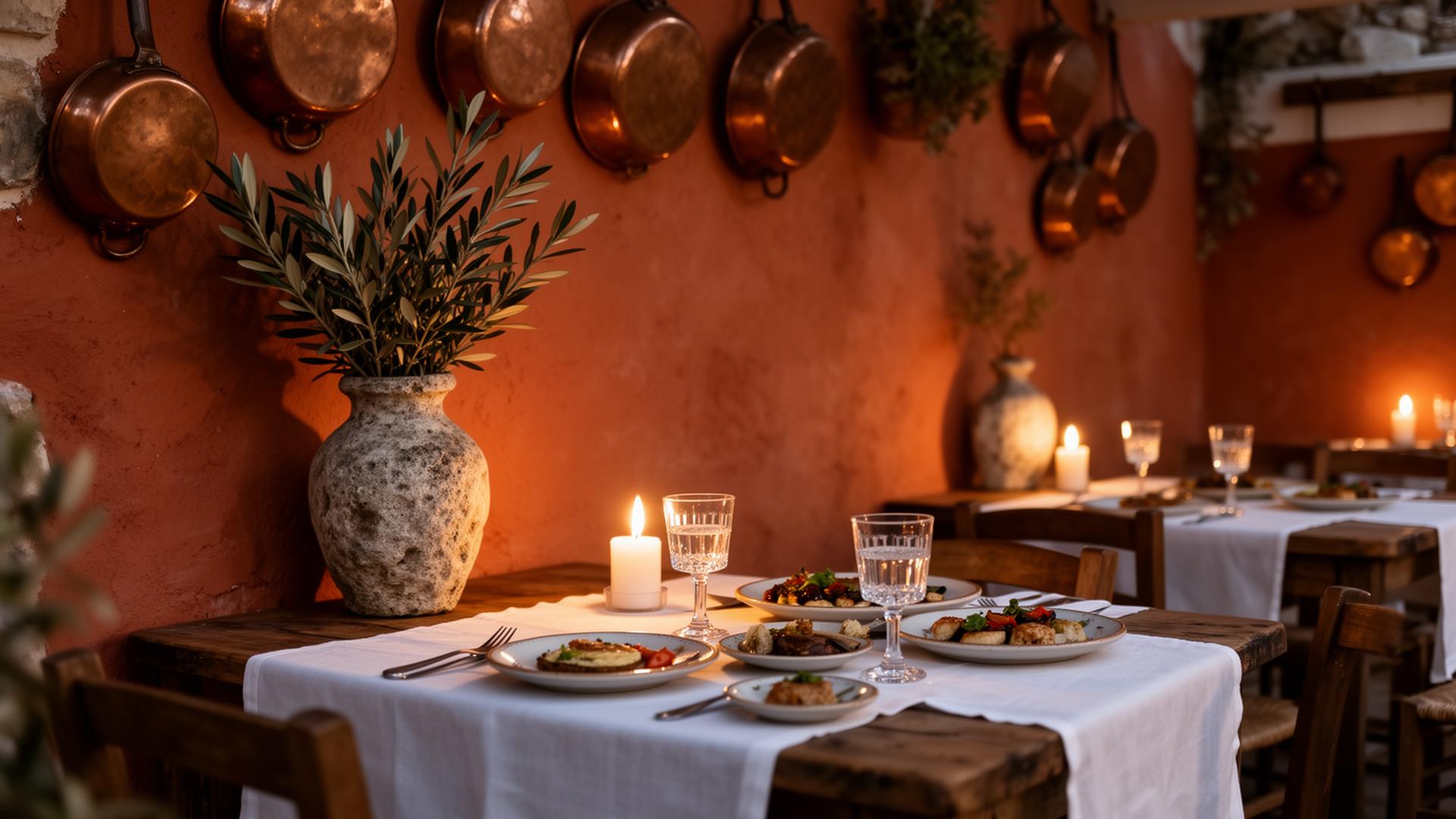 Greek taverna interior with warm candlelight
